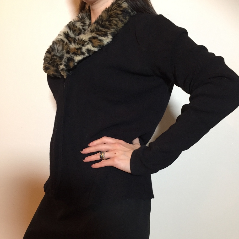 Long Sleeve Leopard Trim Black Sweater